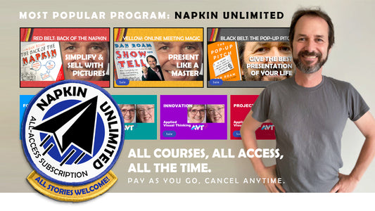 Subscribe monthly to Dan Roam’s Napkin Unlimited and get complete access to all courses and all live lessons. One monthly payment of $39, cancel anytime.